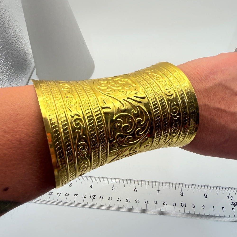 Wide Gold Tone Embossed Cuff Bracelet Ornate Boho Statement 74g